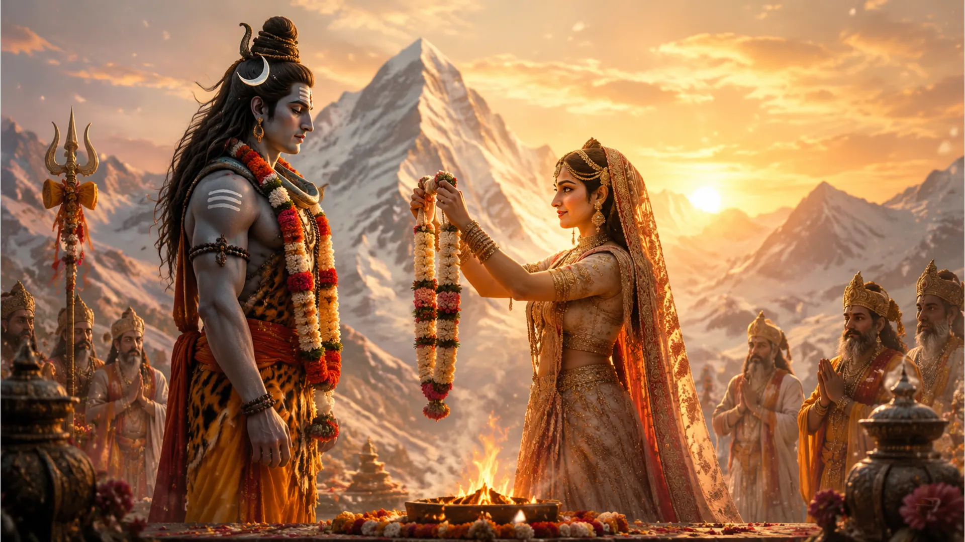 Detailed painting of Shiva and Parvati wedding ceremony at Mount Kailash.