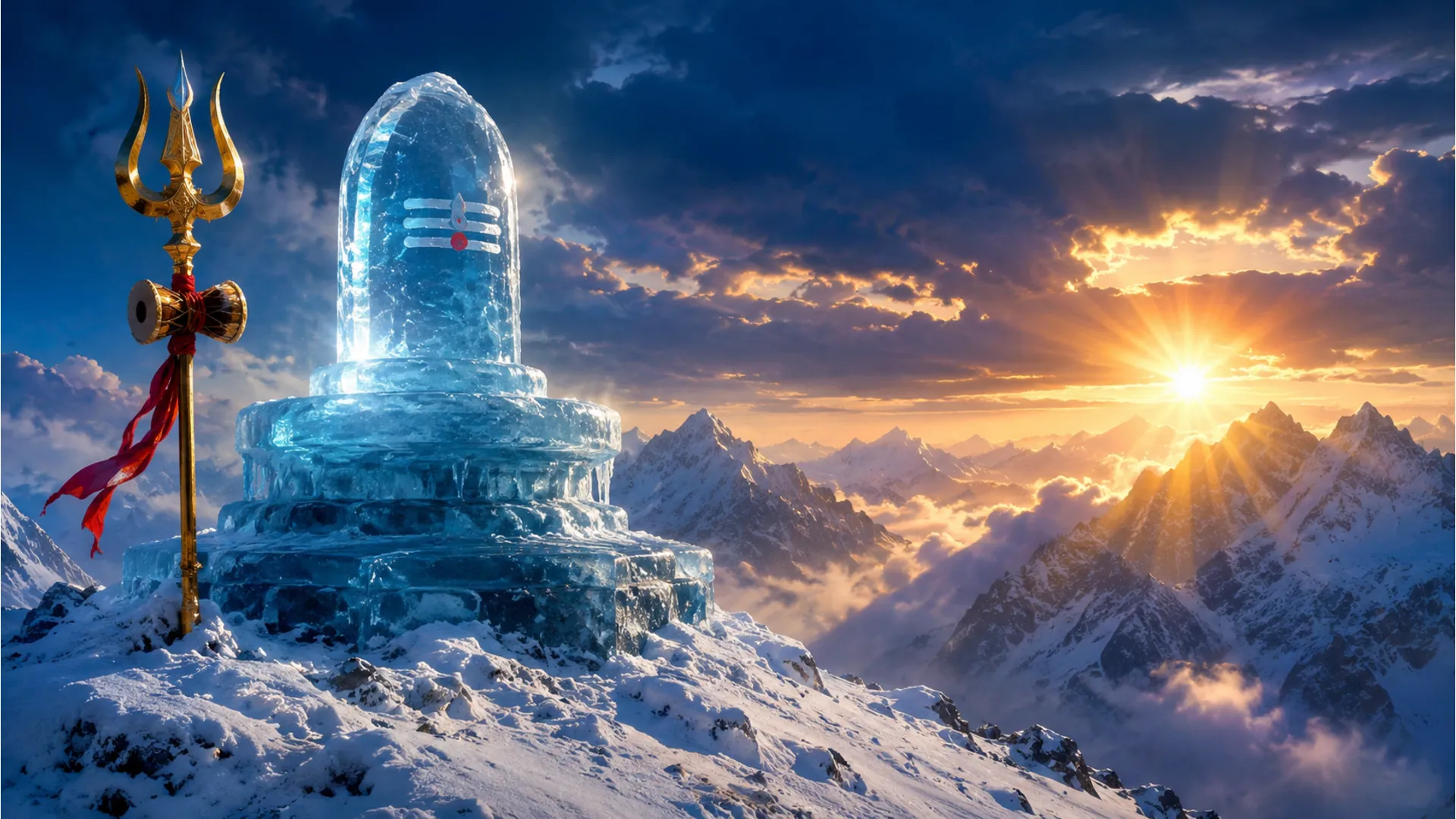 Large ice-formed Shivling standing tall amidst the snow-capped peaks of the Himalayas.