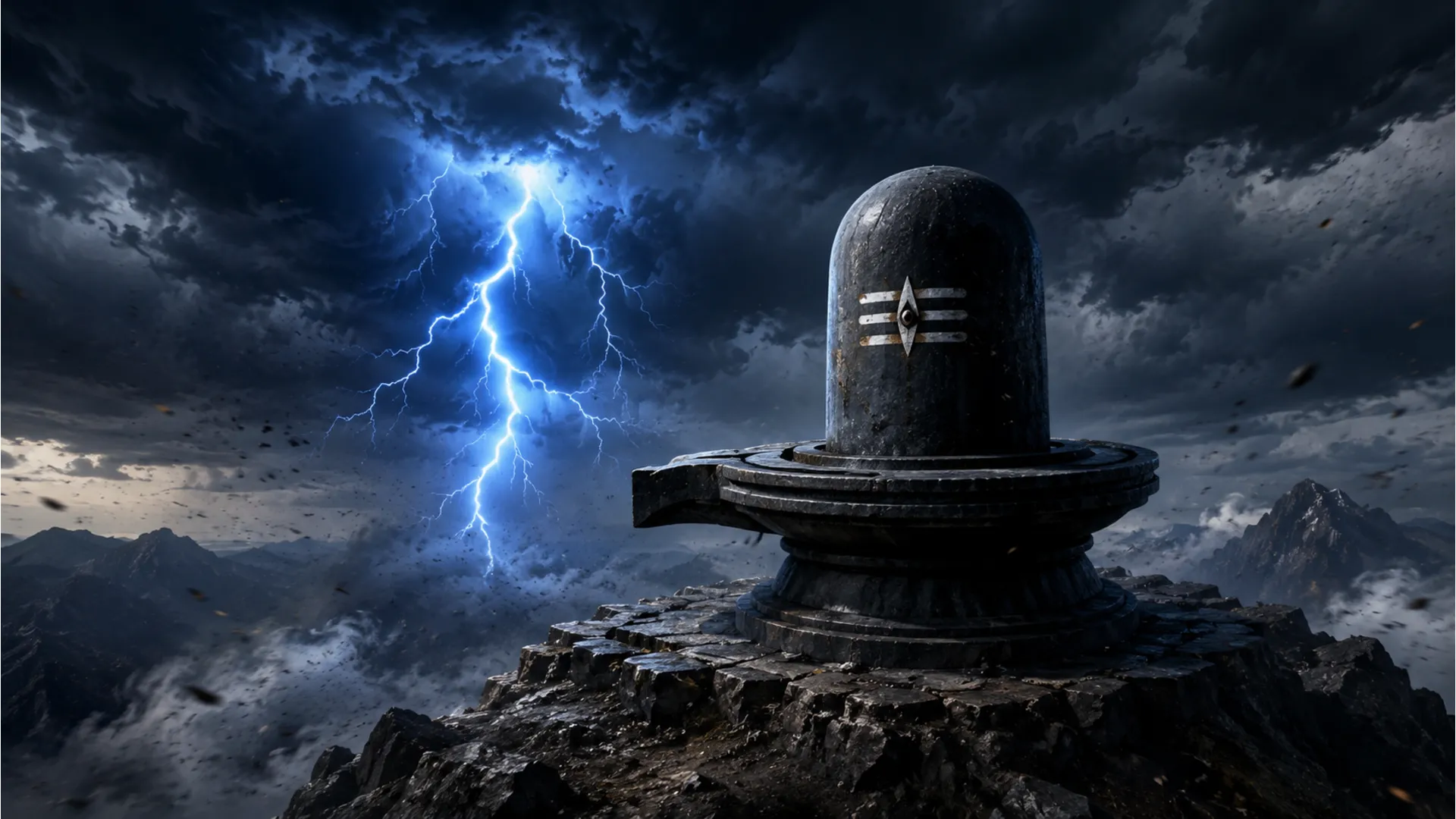Dramatic cinematic wallpaper of a large stone shivling during a lightning thunderstorm storm.