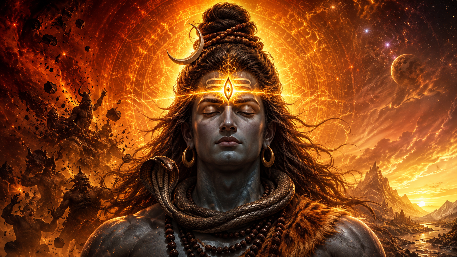 Dramatic Jay Bholenath photo focusing on the opening of Lord Shiva's powerful third eye.