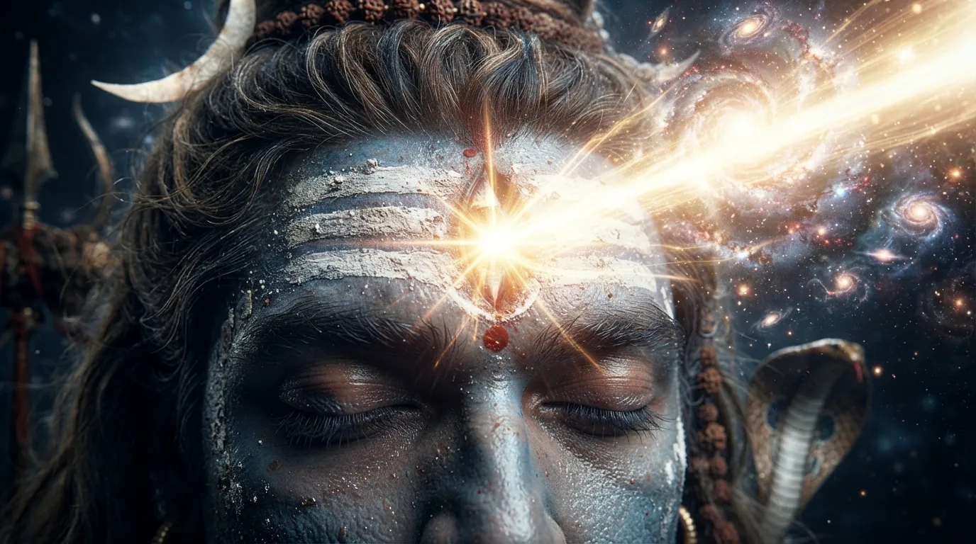 Close-up of Lord Shiva opening his third eye releasing cosmic energy beams, 1080p Mahadev HD wallpaper 4k.