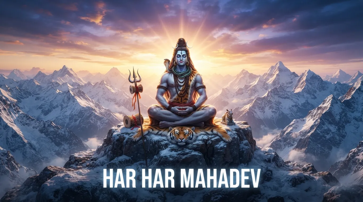 Lord Shiva meditating on a mountain top during a bright, beautiful sunrise.