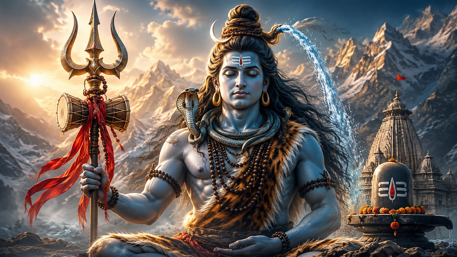 Artistic Jay Bholenath photo highlighting the sacred Trishul, Damru, and the holy River Ganga.