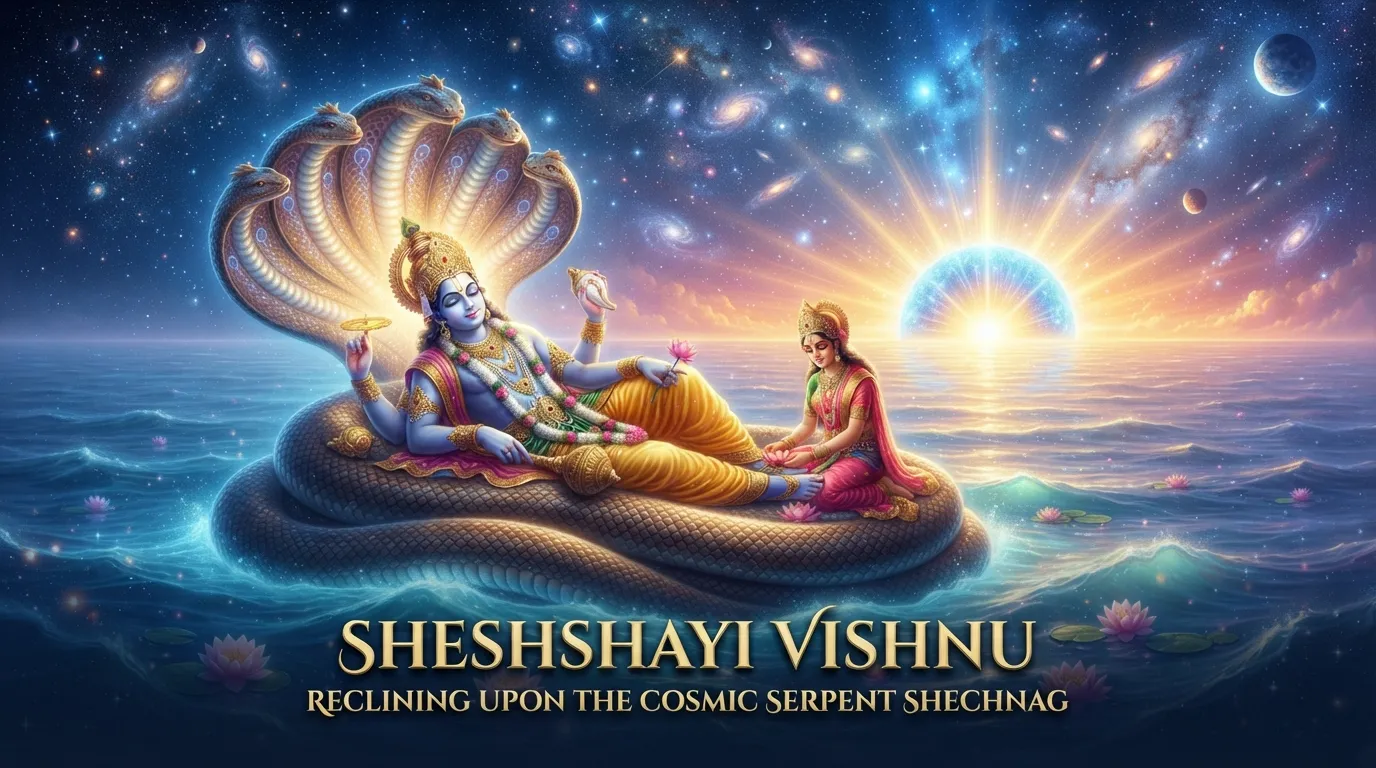 Lord Vishnu resting calmly on Sheshnag over a peaceful cosmic ocean backdrop.