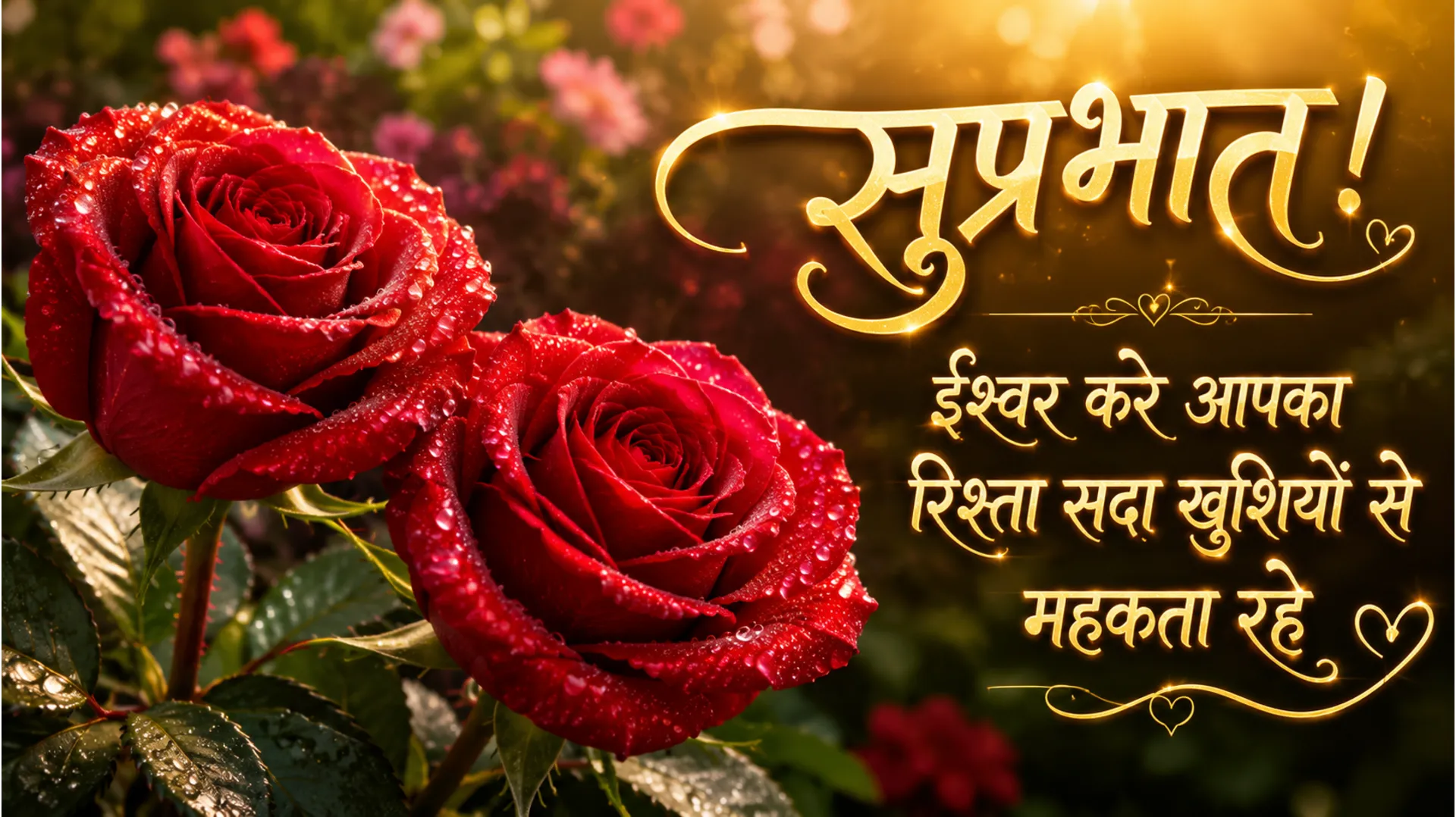 Two beautiful red roses with morning dew drops Hindi good morning image.