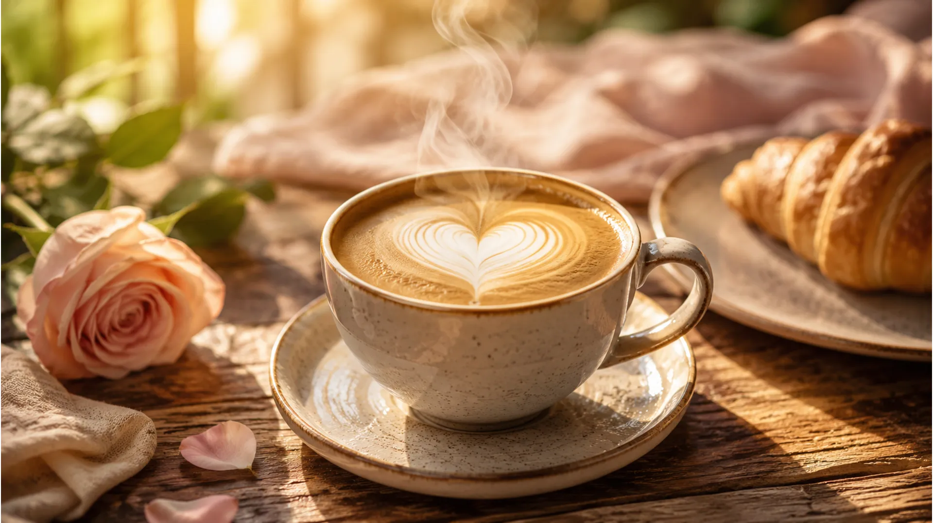 Top down view of heart latte art coffee cup on a cozy morning blanket for love.