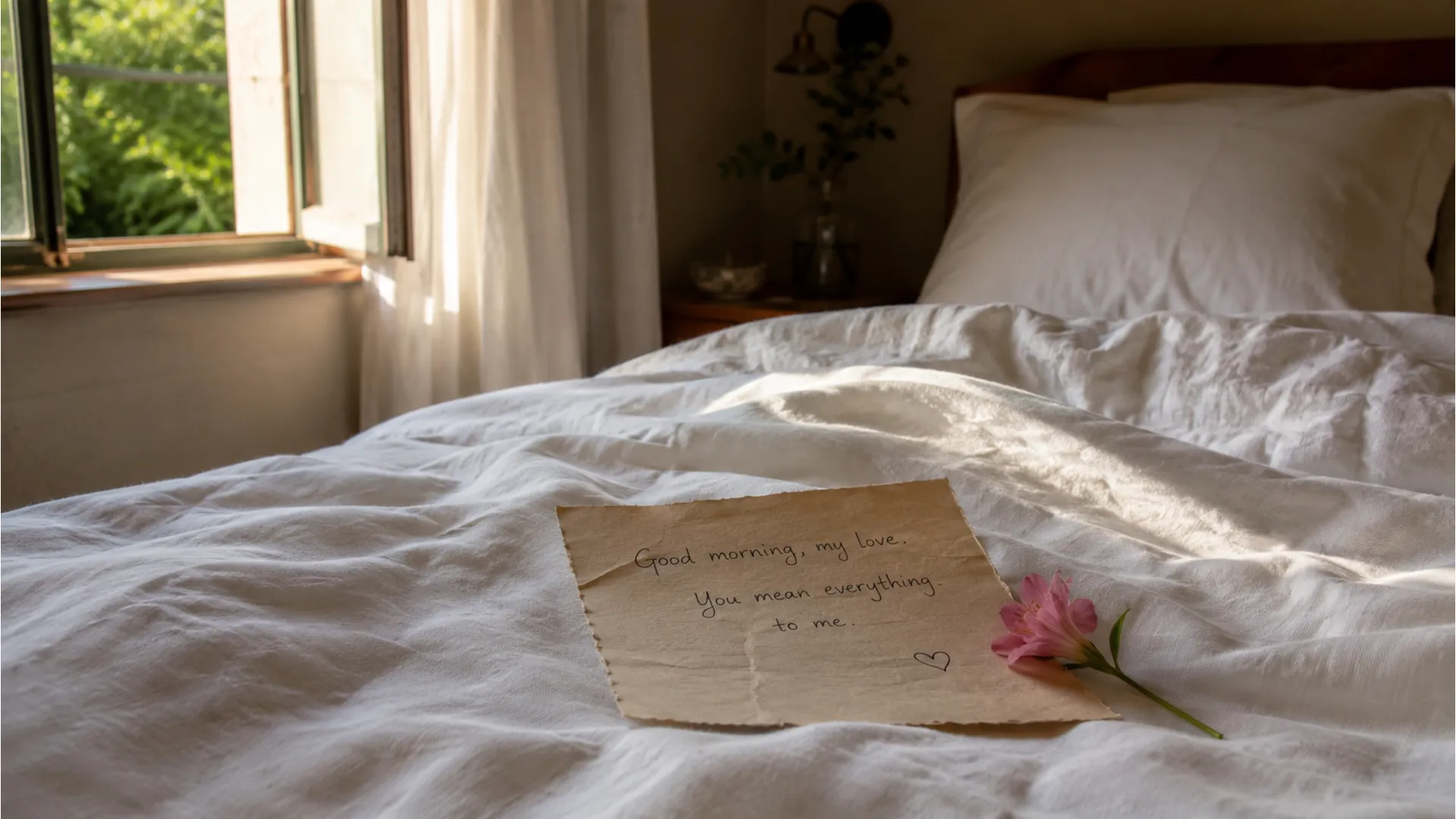 A handwritten romantic love note on a bed with a good morning greeting.