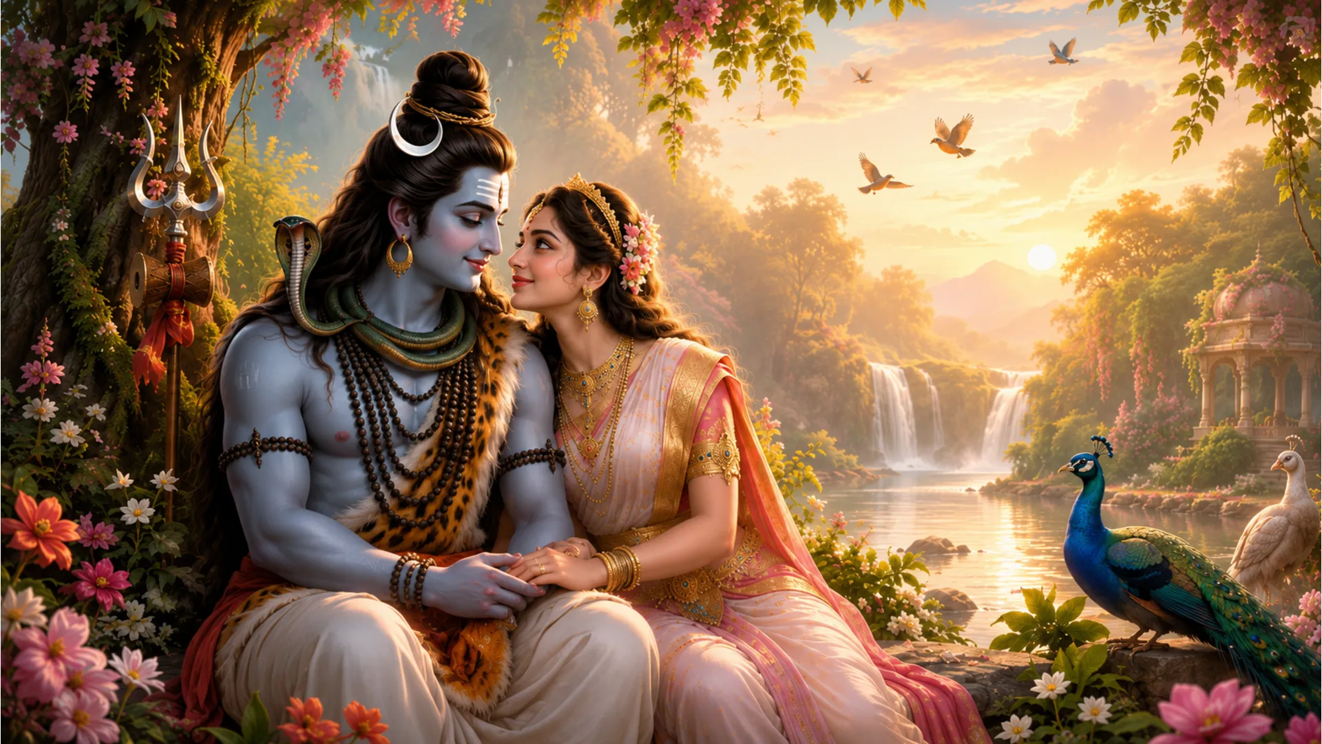 Shiv Parvati romance, divine couple's love, intimate image