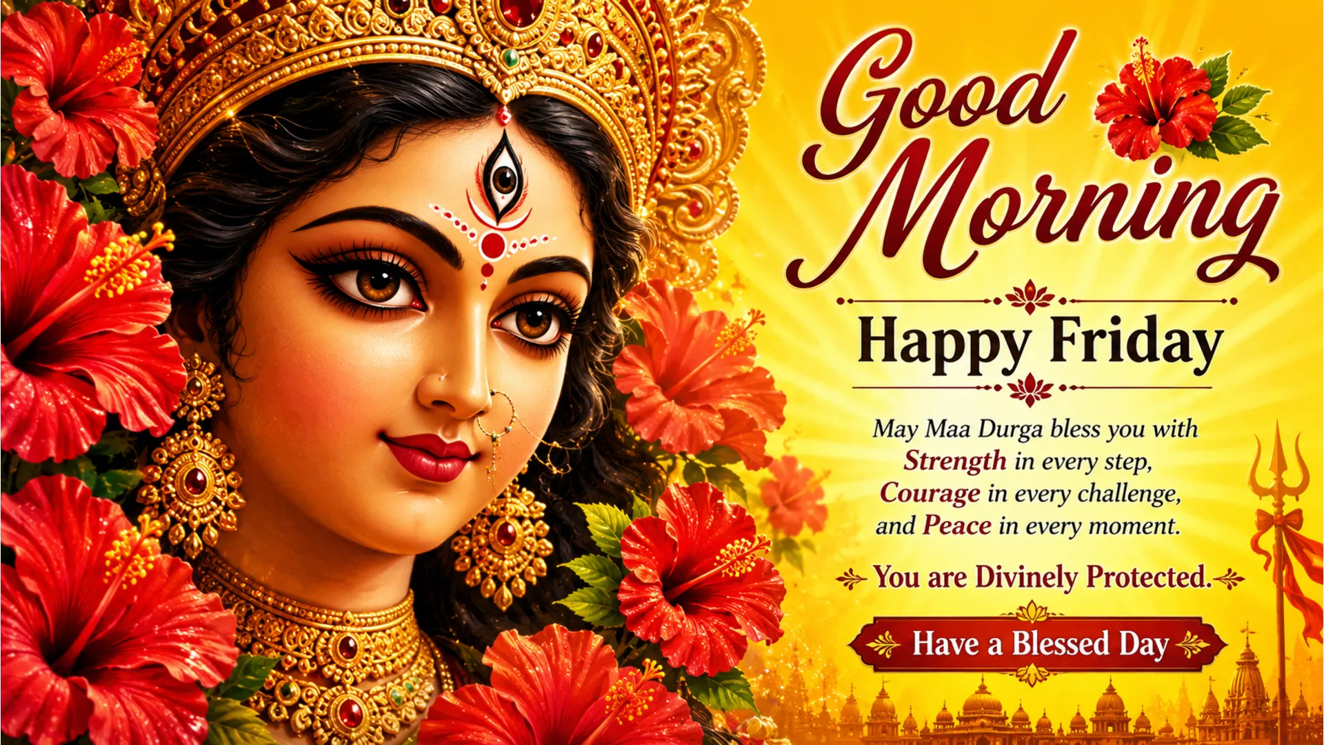 Goddess Durga face close up with red flowers and yellow morning background