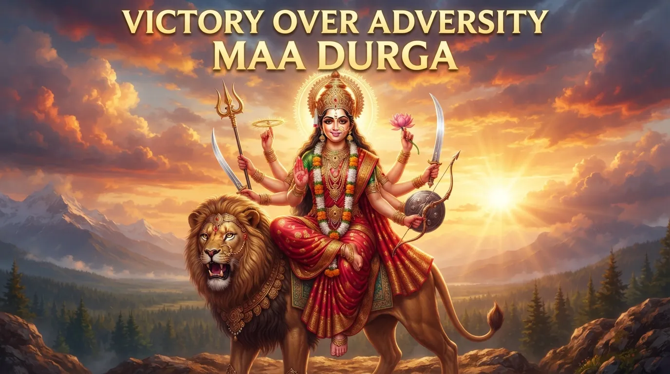Goddess Durga with a fierce yet benevolent expression and a golden morning sun.