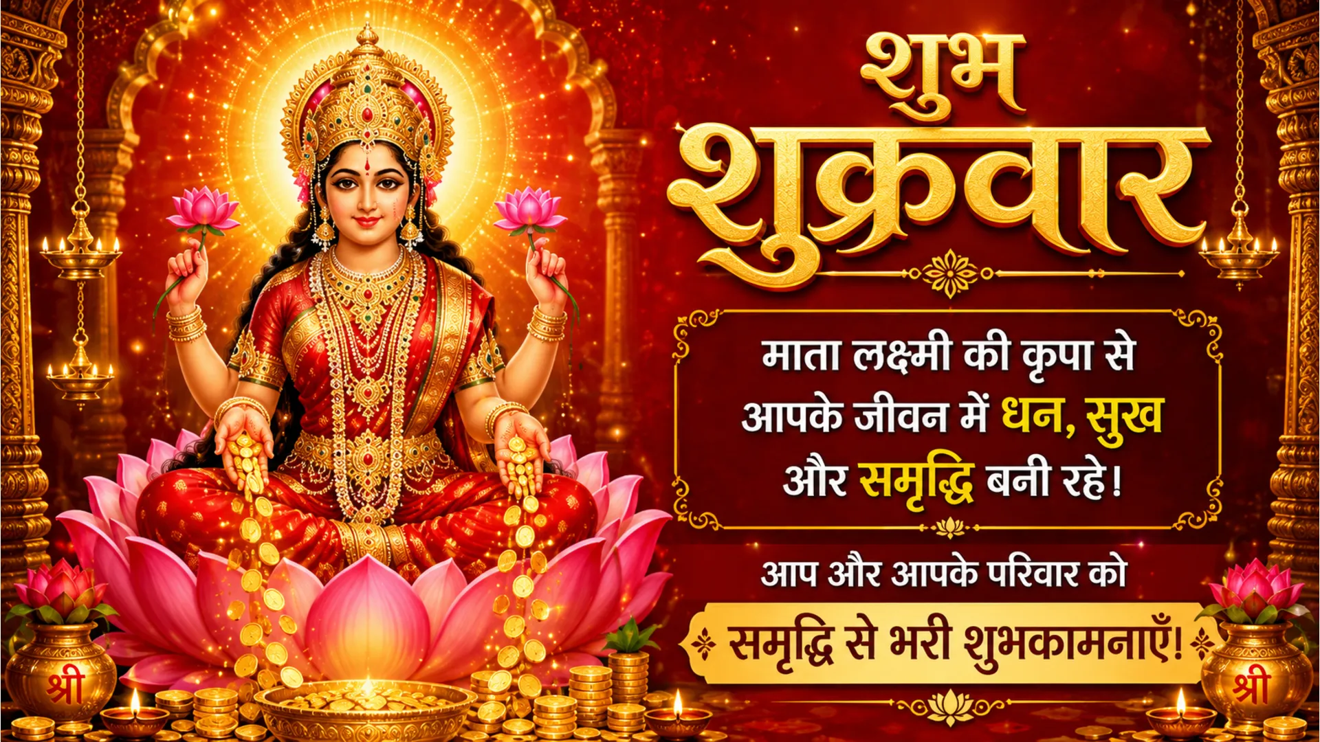 Goddess Lakshmi sitting on lotus showering gold coins Shubh Shukrawar Hindi quote