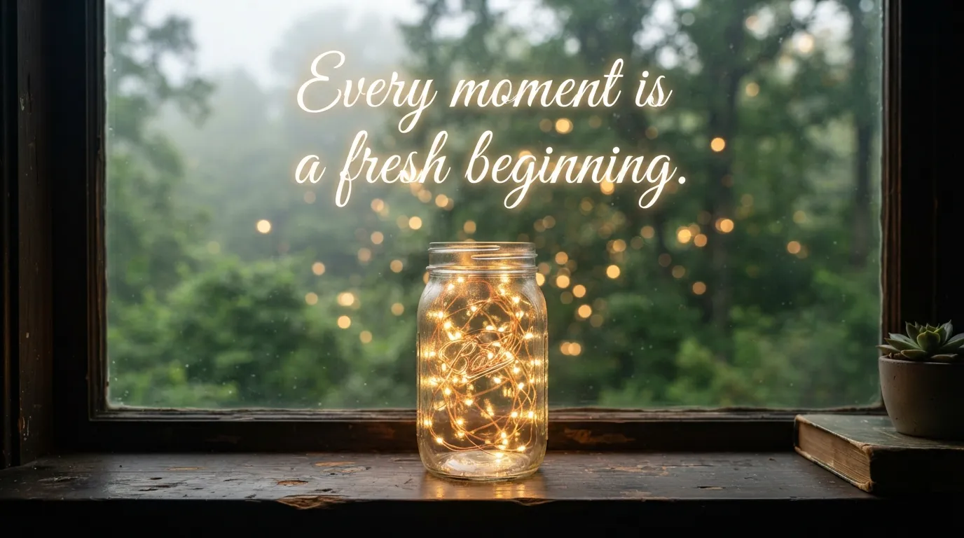Sparkling fairy lights in a mason jar on a wooden table for Sunday morning.