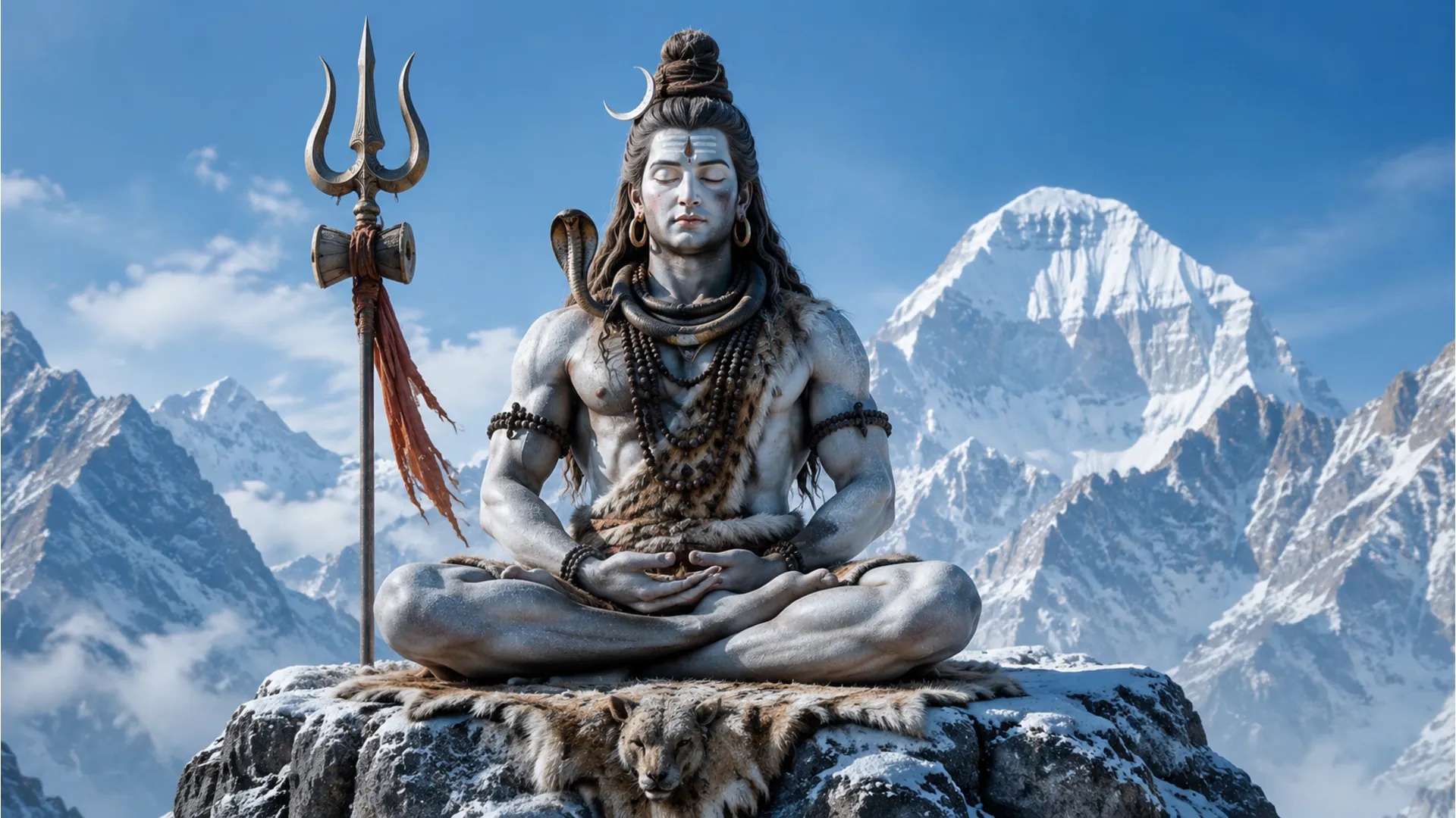Still image from the serial showing Lord Shiva in deep meditation on snowy Mount Kailash.