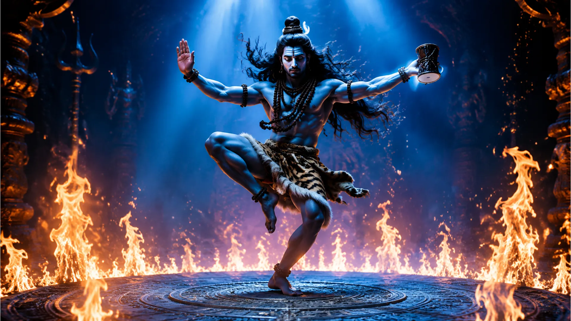 Actor as Lord Shiva performing the fierce Tandav dance in the Shiva Parvati TV show.