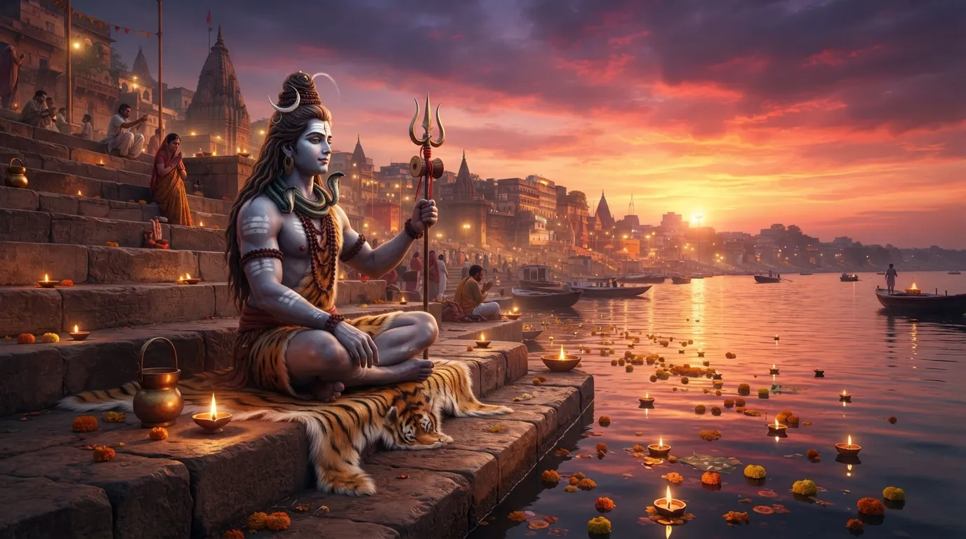 Lord Shiva sitting peacefully on the banks of Ganga river in Varanasi during sunset, 1080p Mahadev HD wallpaper 4k.