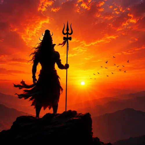 Lord Shiva silhouette holding Trishul against orange sunset Mahadev DP for WhatsApp