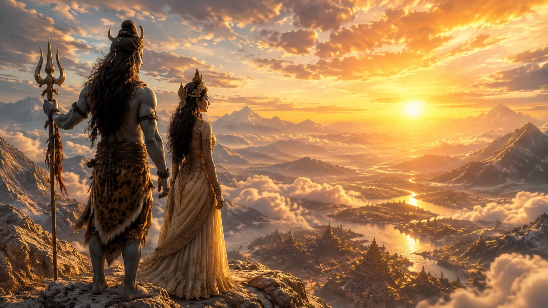 Cinematic shot of Shiva Parvati overlooking a valley at sunrise.