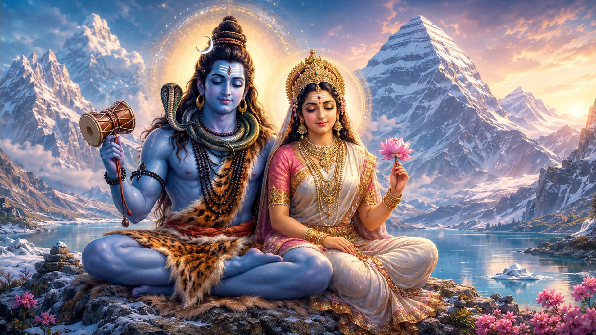 Shiv and Parvati on Mount Kailash, divine couple, spiritual image