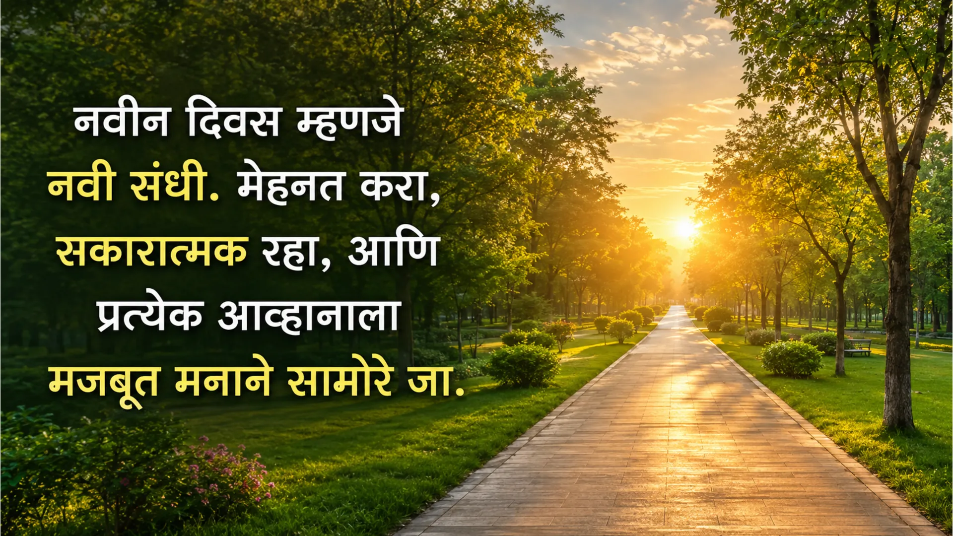 A beautiful park pathway with sunlight and Marathi motivational quotes