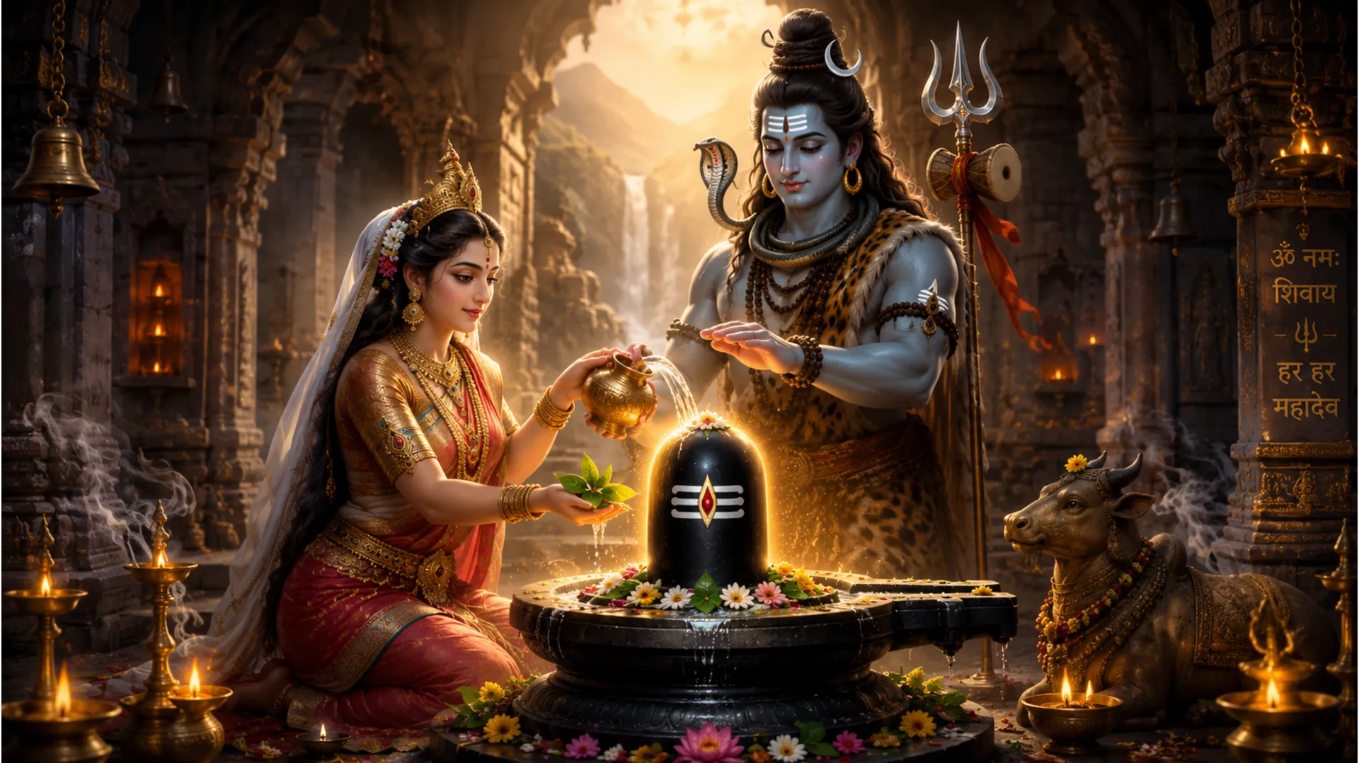 Beautiful image of Shiv Parvati performing a holy ritual together.