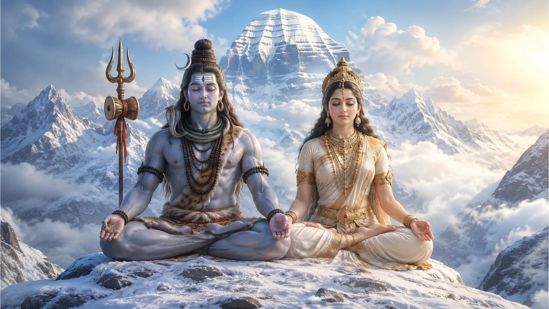 Shiv Parvati seated in meditative pose on snow-covered Mount Kailash