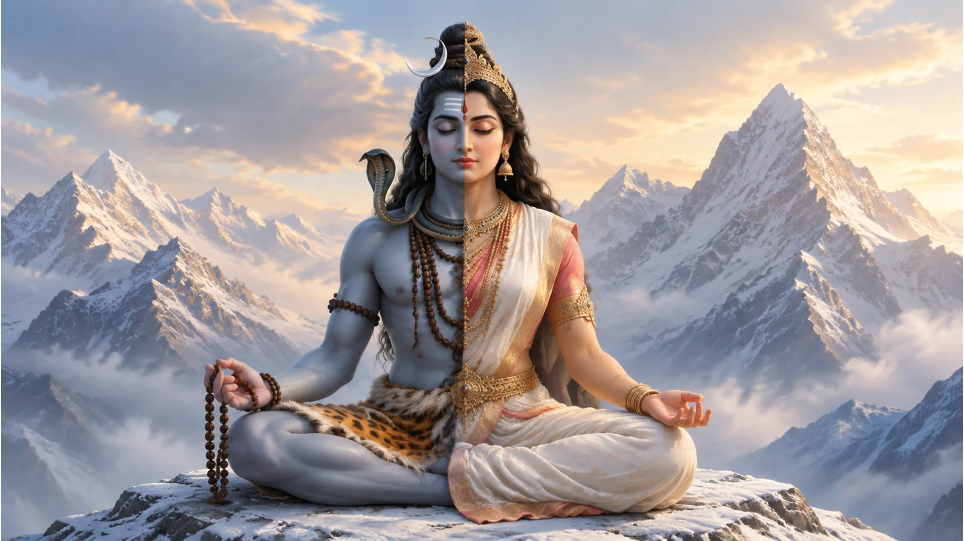 Serene image of Ardhnarishwar meditating amidst the majestic Himalayan mountains.