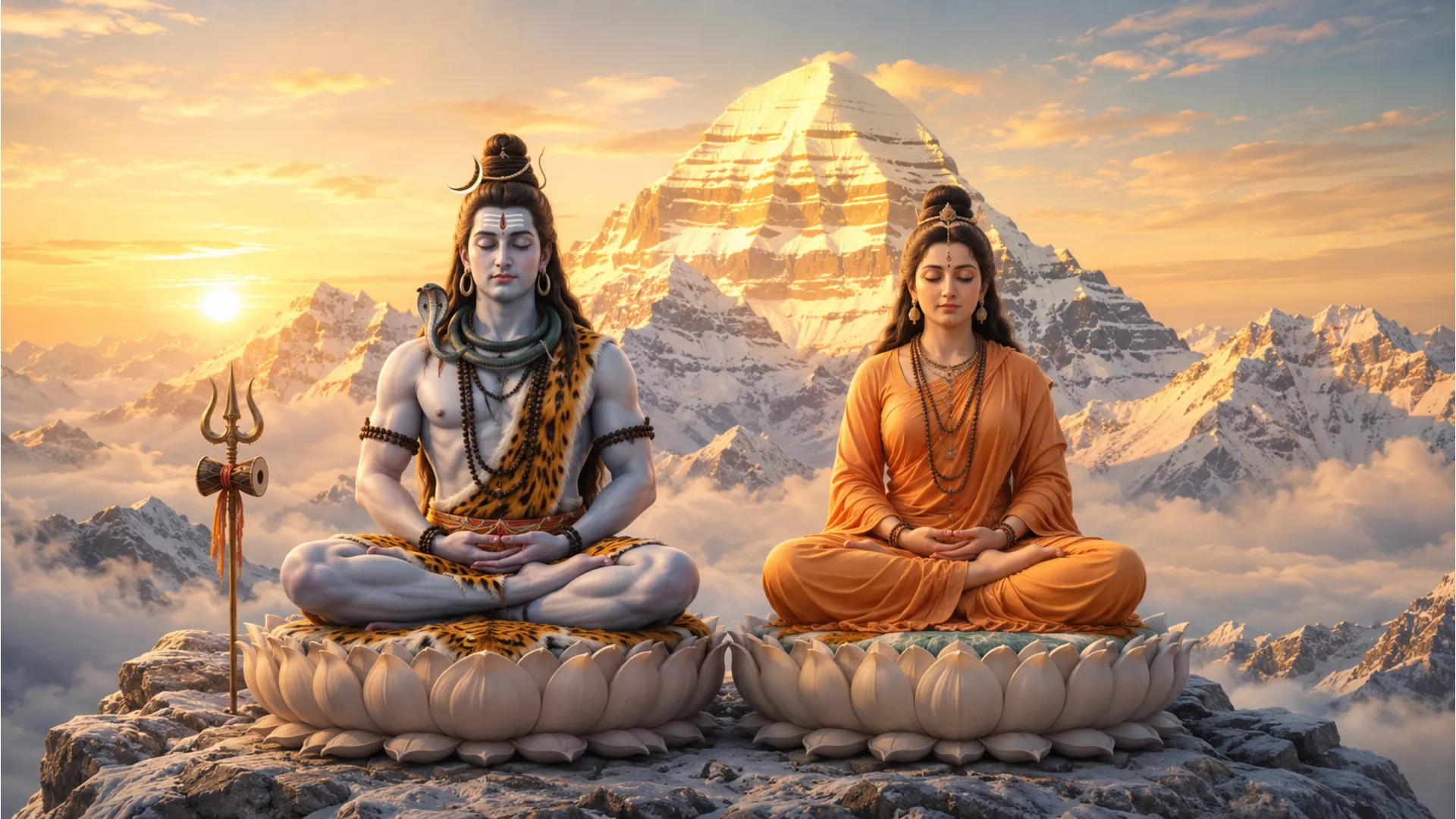 Shiva and Parvati meditating side by side on lotus thrones amidst snow-capped Himalayan mountains.