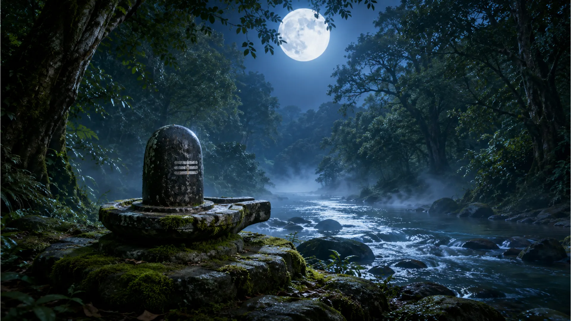 A peaceful stone Shivling placed near a river in a mystical forest under full moon light.