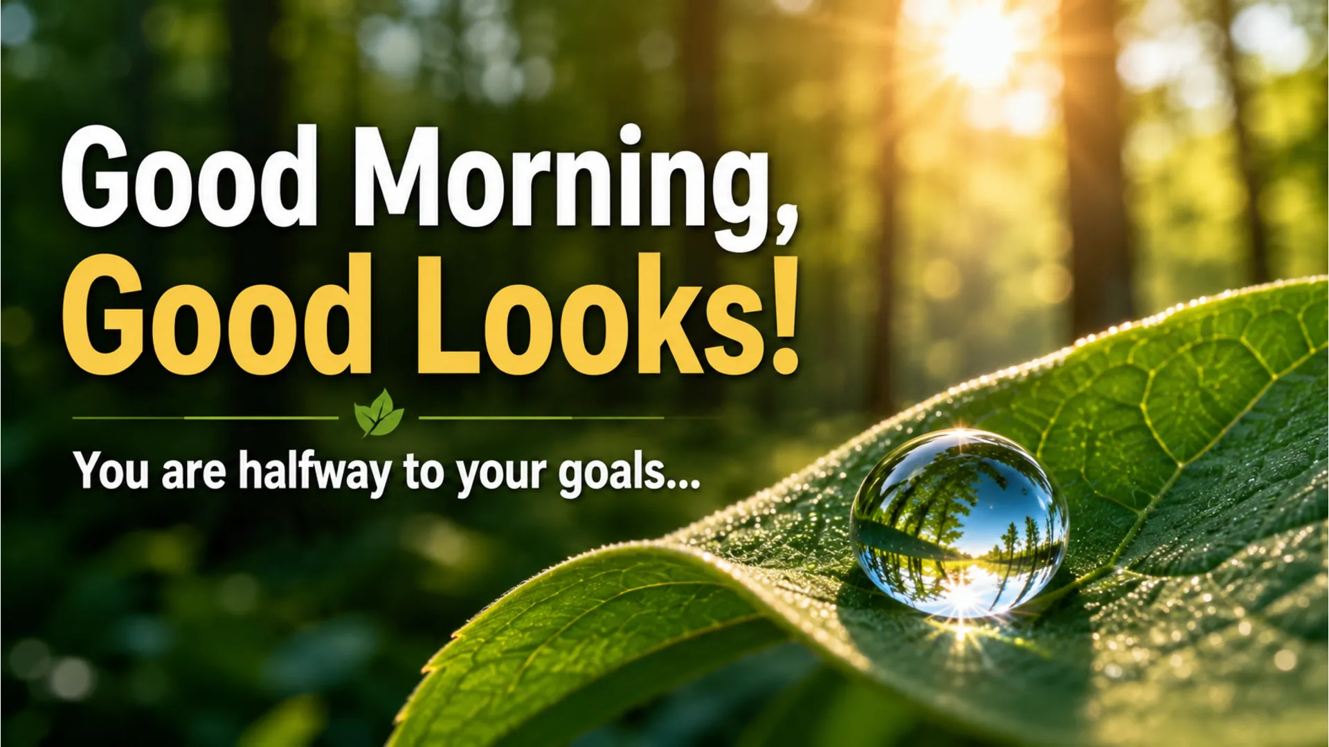 Inspirational Wednesday morning image with a green nature background and water droplets on a leaf.