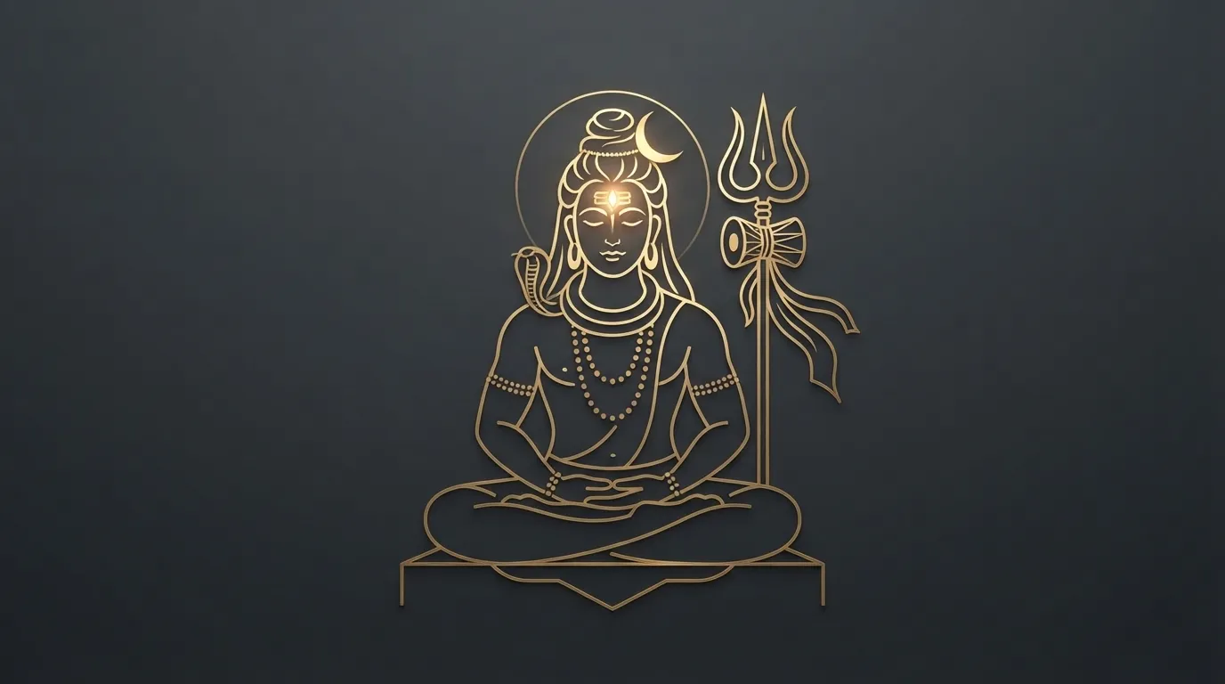 Elegant minimalist line art of Lord Shiva with Trishul and crescent moon.