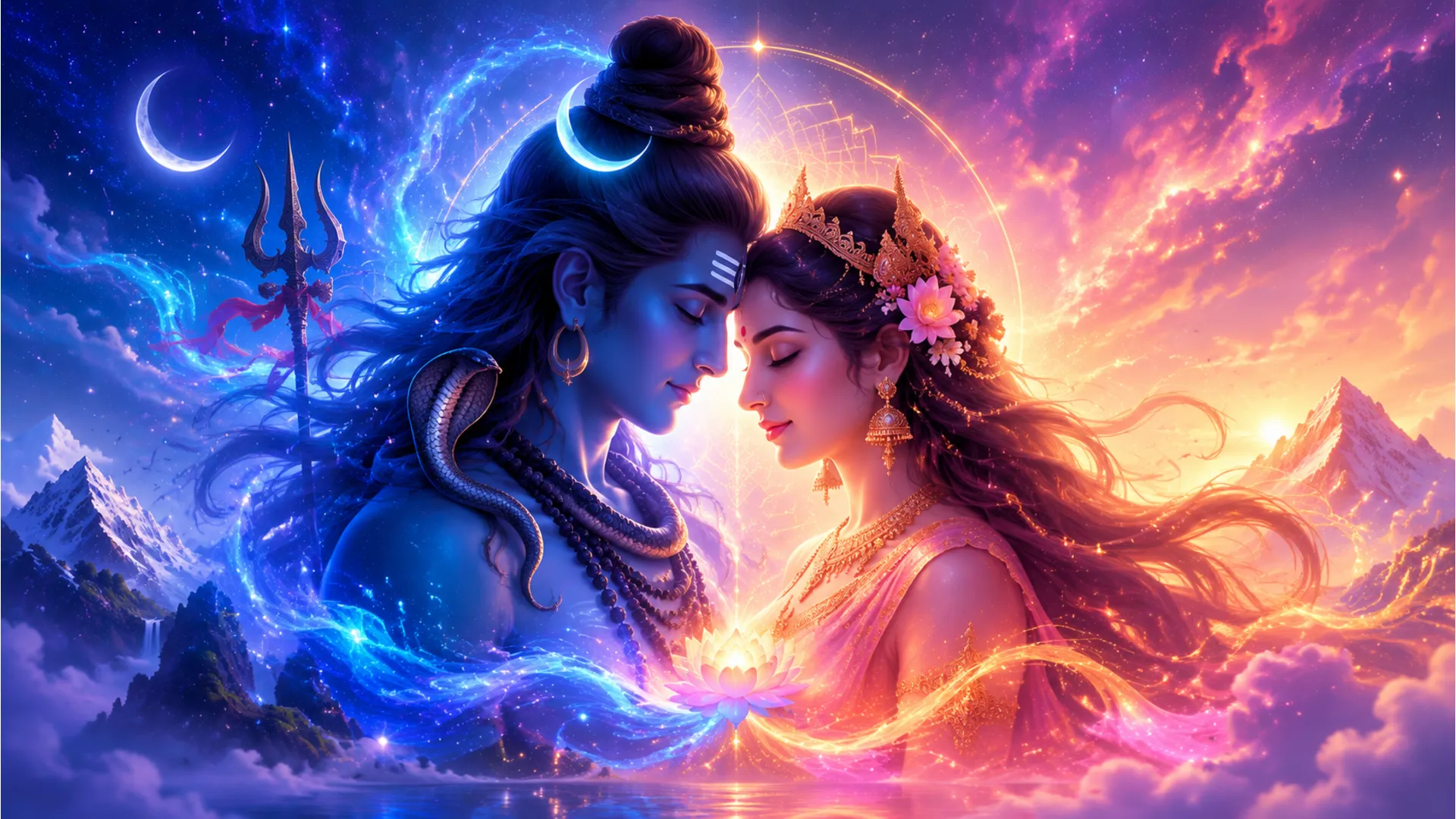 A high-definition, ethereal and semi-abstract digital art piece showing the silhouettes of Lord Shiva and Goddess Parvati dissolving into a cosmic nebula of light and energy.