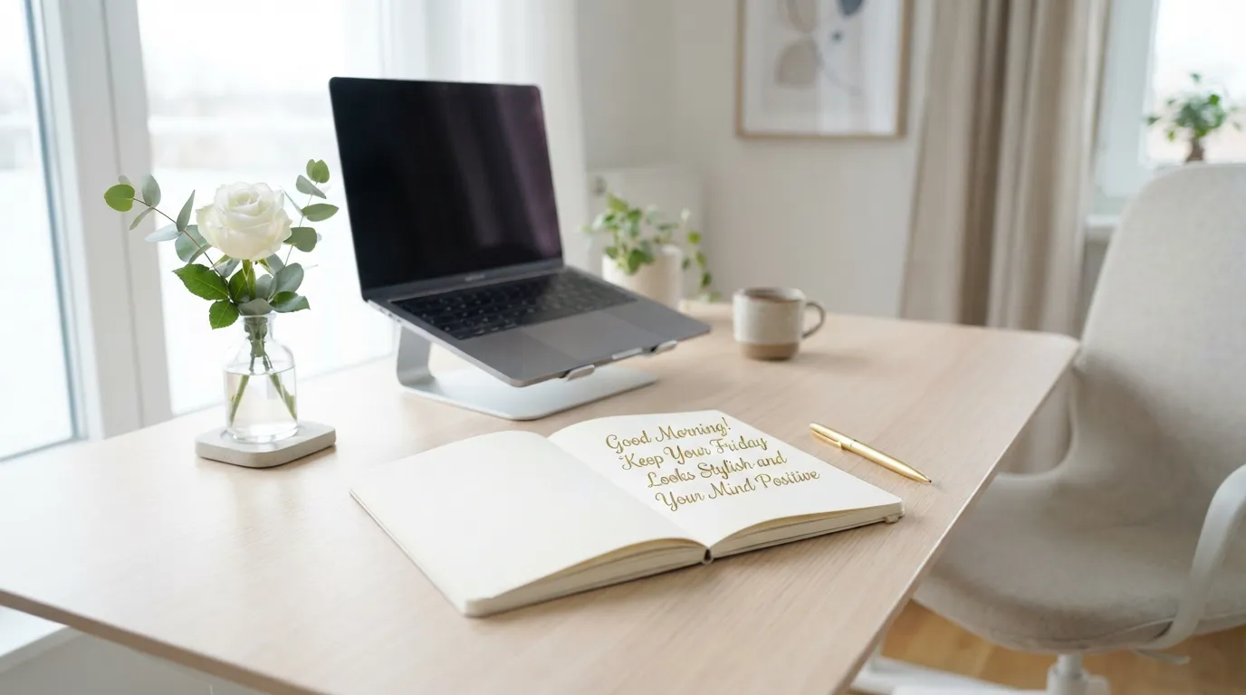 Clean minimalist workspace with a notebook and Friday morning quote.