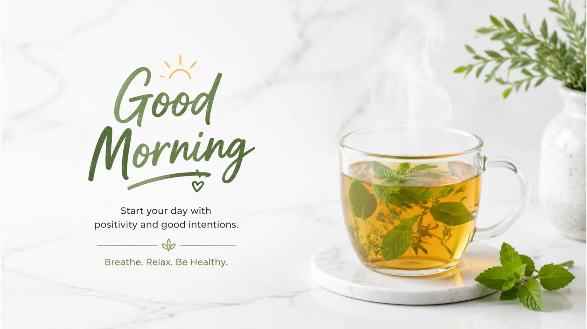 Minimalist beautiful good morning image with a glass cup of hot tea and rising steam.