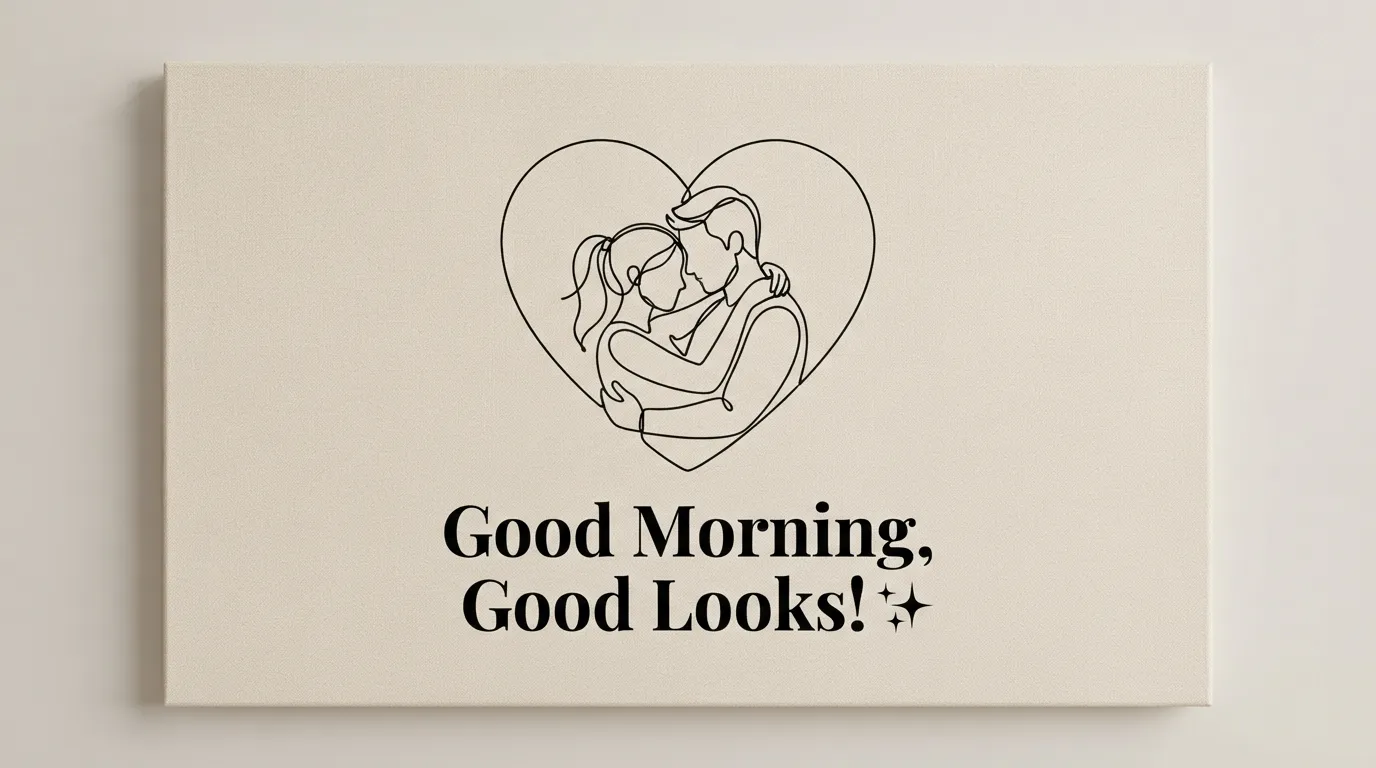 Minimalist line art of a heart and a couple hugging with Good Morning Good Looks typography.