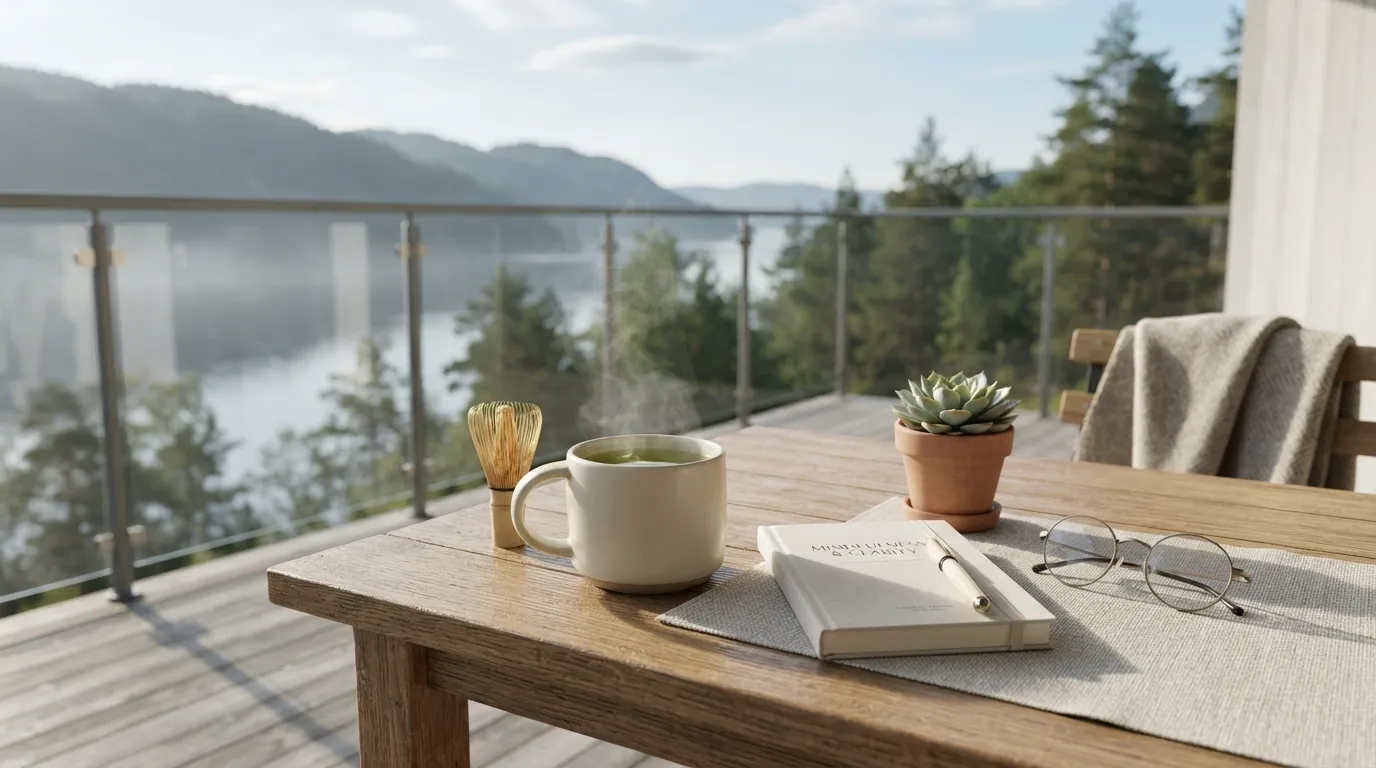 A minimalist concrete table setting with green tea and a monstera leaf with an English quote.