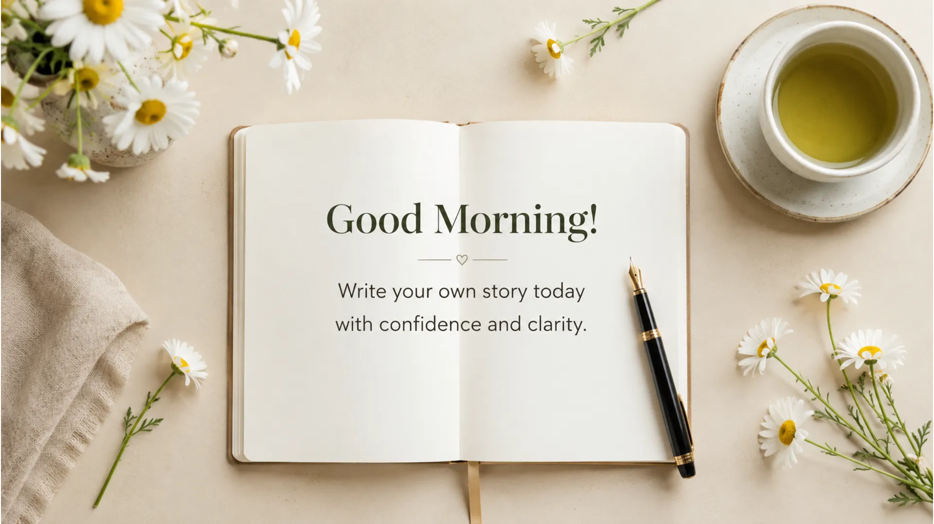 Open notebook with dried flowers and vintage tea cup with good morning english text