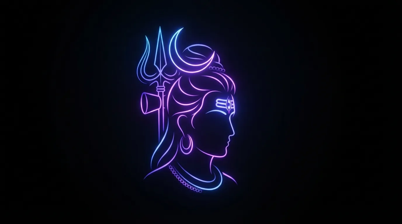 Minimalist glowing neon glowing outline of Lord Shiva with Trishul and third eye, 1080p Mahadev HD wallpaper 4k.