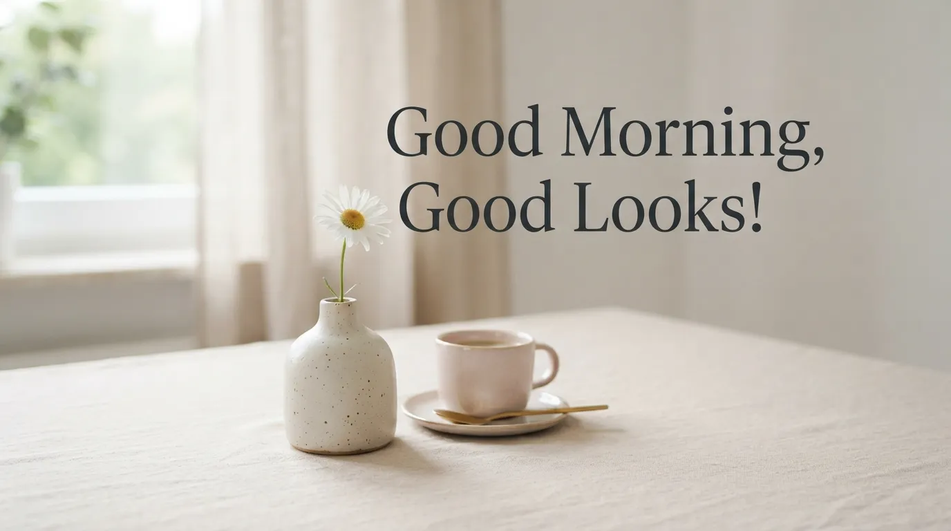 Clean minimalist background with a small flower vase and good morning quote.