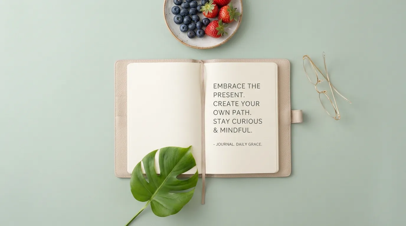 A chic, minimalist flatlay of a Sunday journal, green leaves, and glasses on a pastel background.