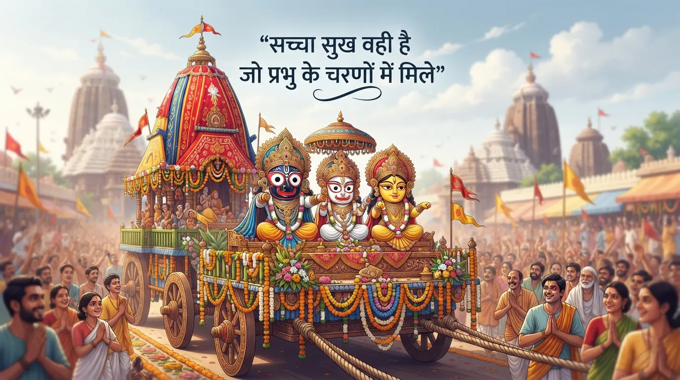 Minimalist vector design of Lord Jagannath on chariot with Hindi morning quote.