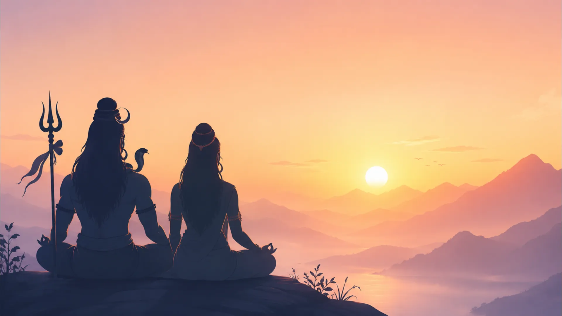 Minimalist spiritual painting showing silhouettes of Shiva and Parvati meditating against a rising sun background.