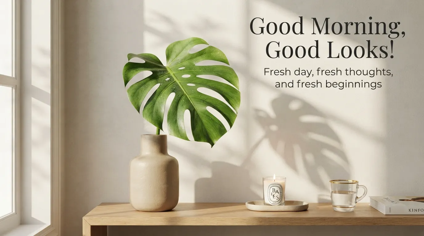 Minimalist special beautiful good morning image with green leaves and soft sunlight.