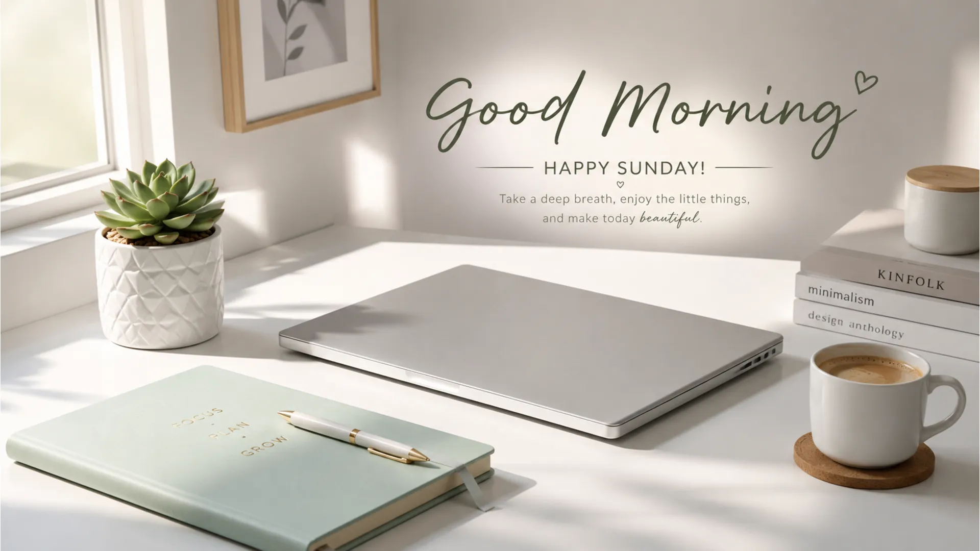 Minimalist desk setup with a laptop, notebook, and good morning sunday message.