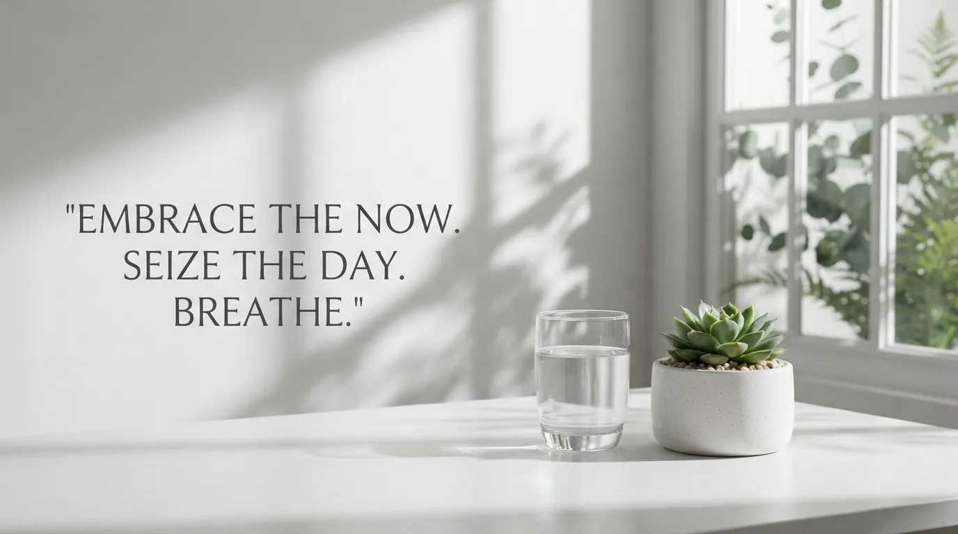 Beautiful morning window shadows falling on a white table with a glass of water and a plant.
