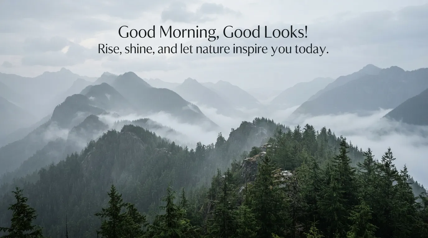 Majestic misty mountains during a morning rain shower with a positive quote.