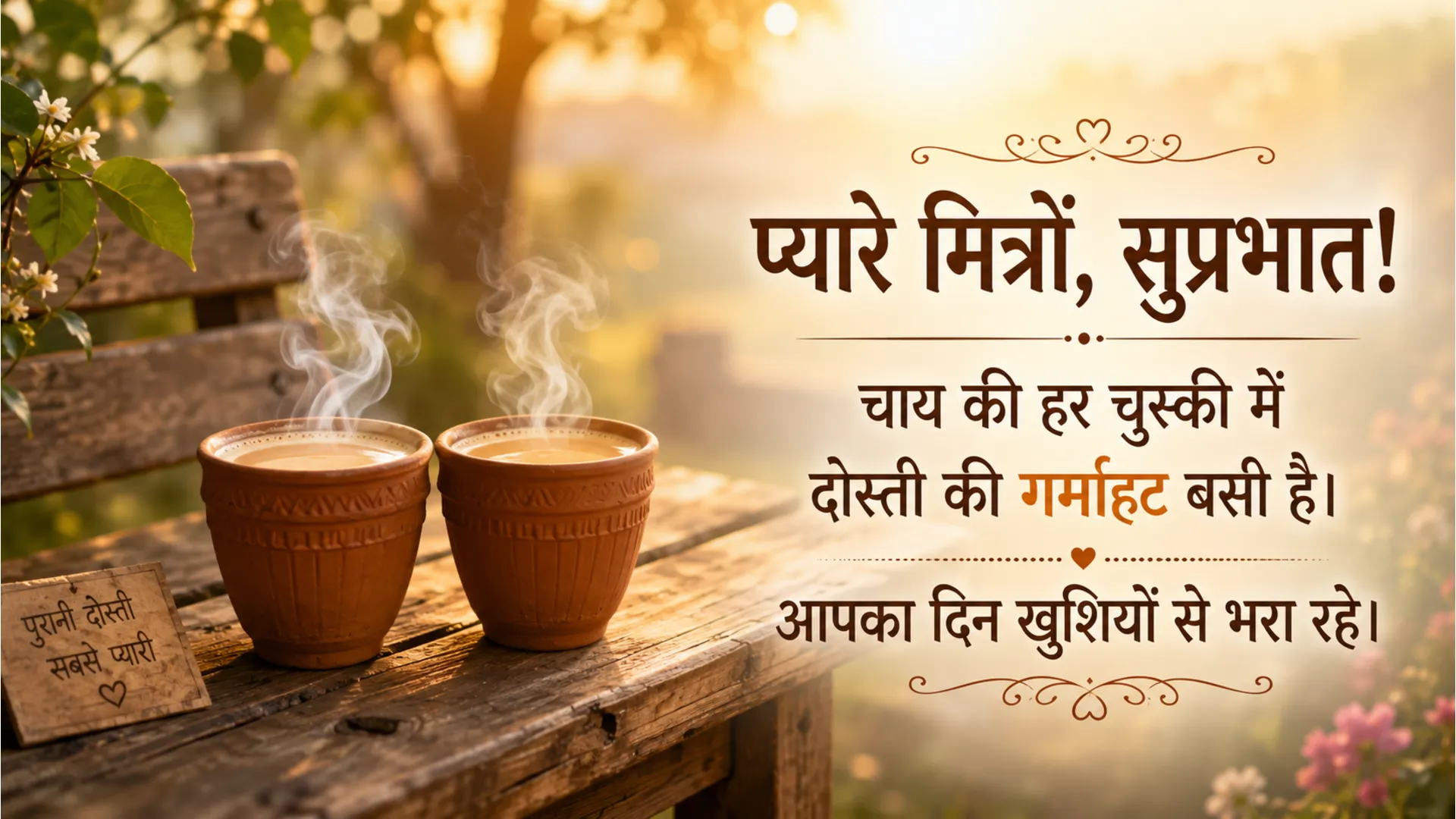 Friendship theme Good Morning Wednesday image in Hindi with two tea cups.