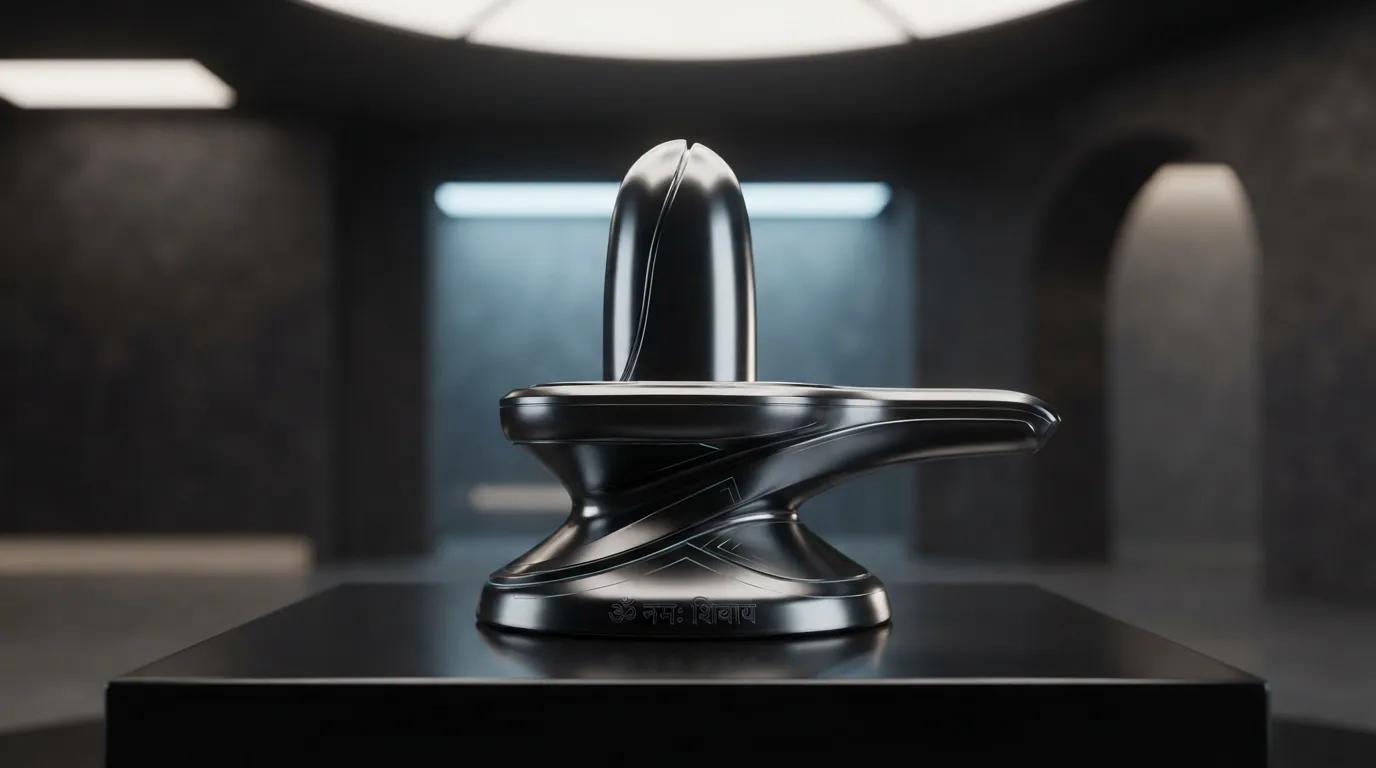 A sleek modern 3D abstract concept of a polished dark chrome Shivling.