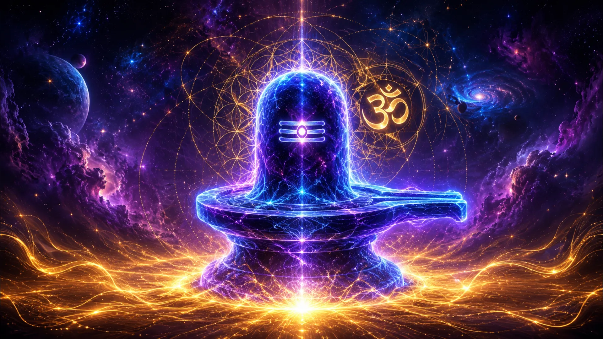 Abstract digital illustration of a glowing cosmic Shivling with galaxy background.