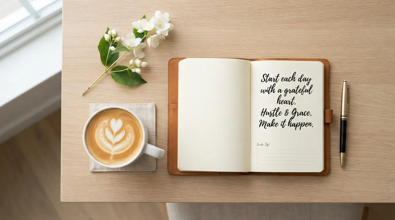 Flat lay aesthetic coffee cup with a notebook and white flowers for a fresh English good morning wish.