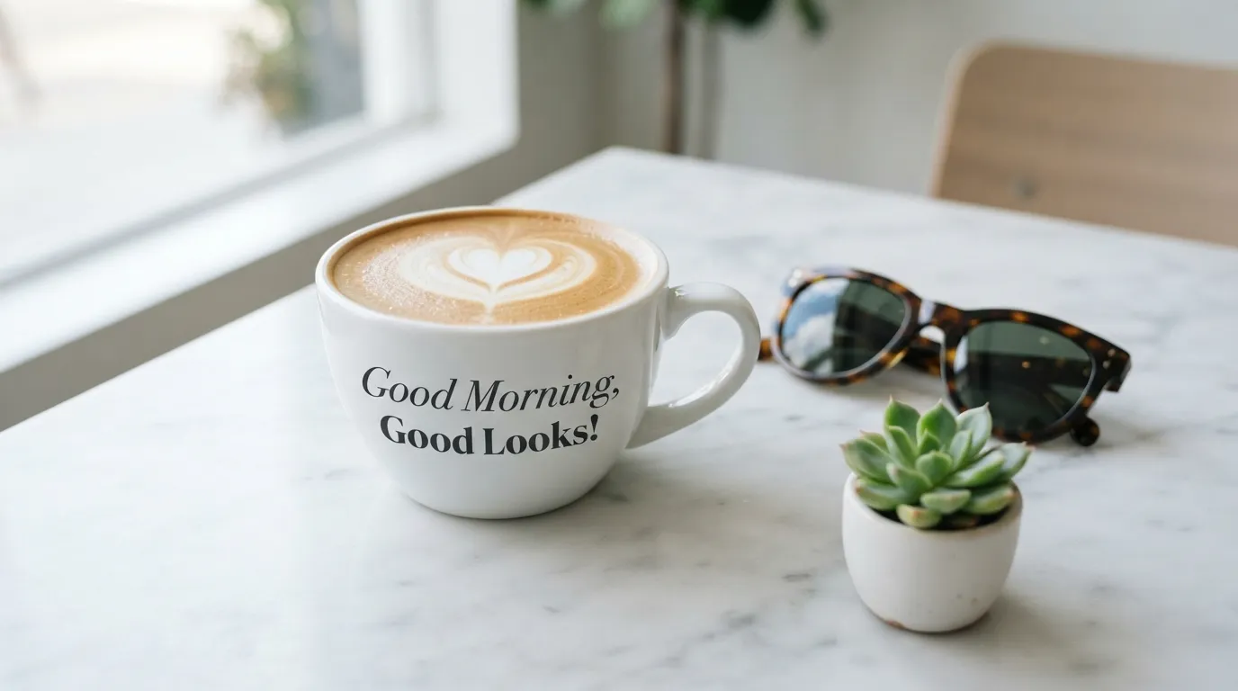 A modern aesthetic coffee cup on a marble table with a morning quote.